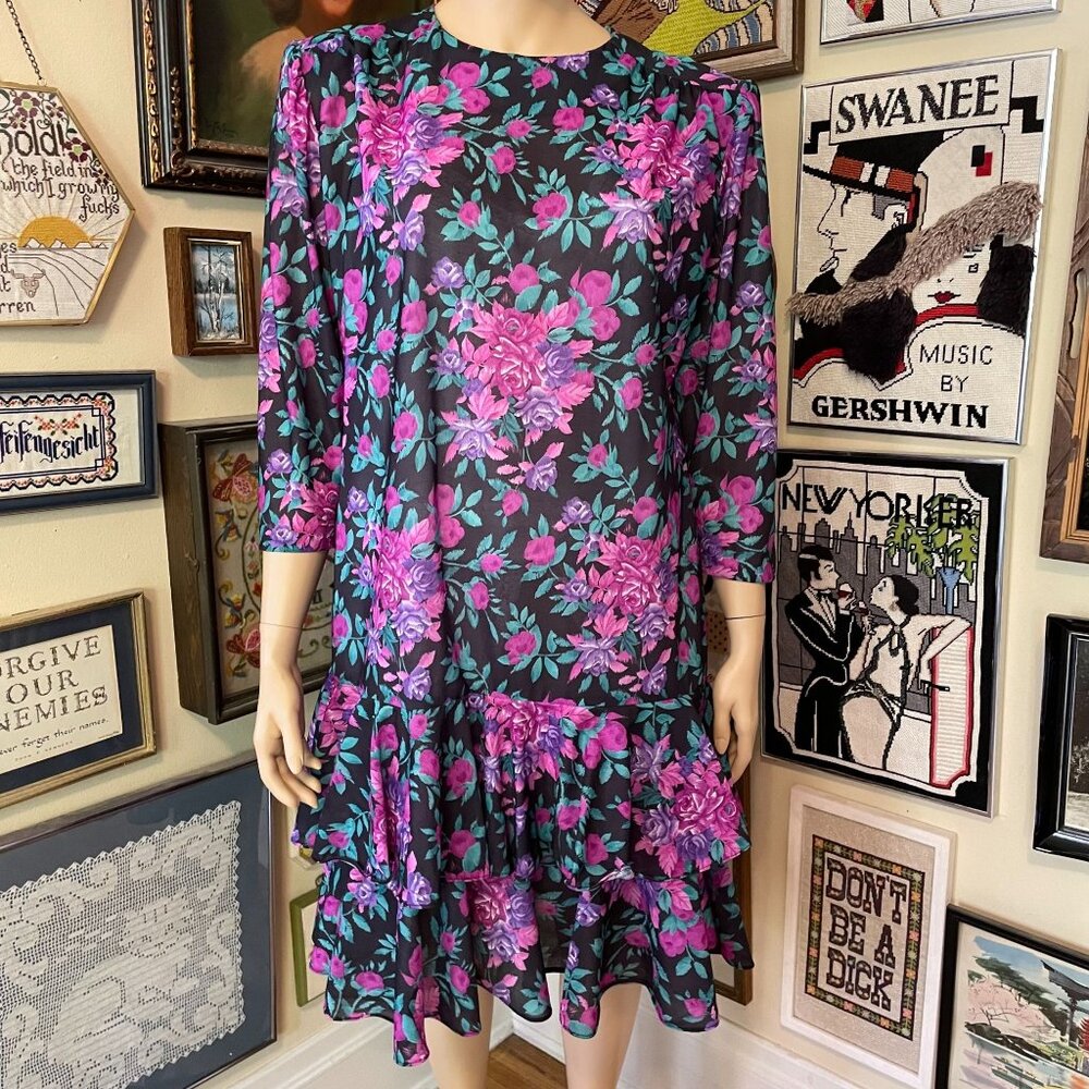 Anthony Richards Black Purple Pink Floral Ruffled Dress Size 22 1/2